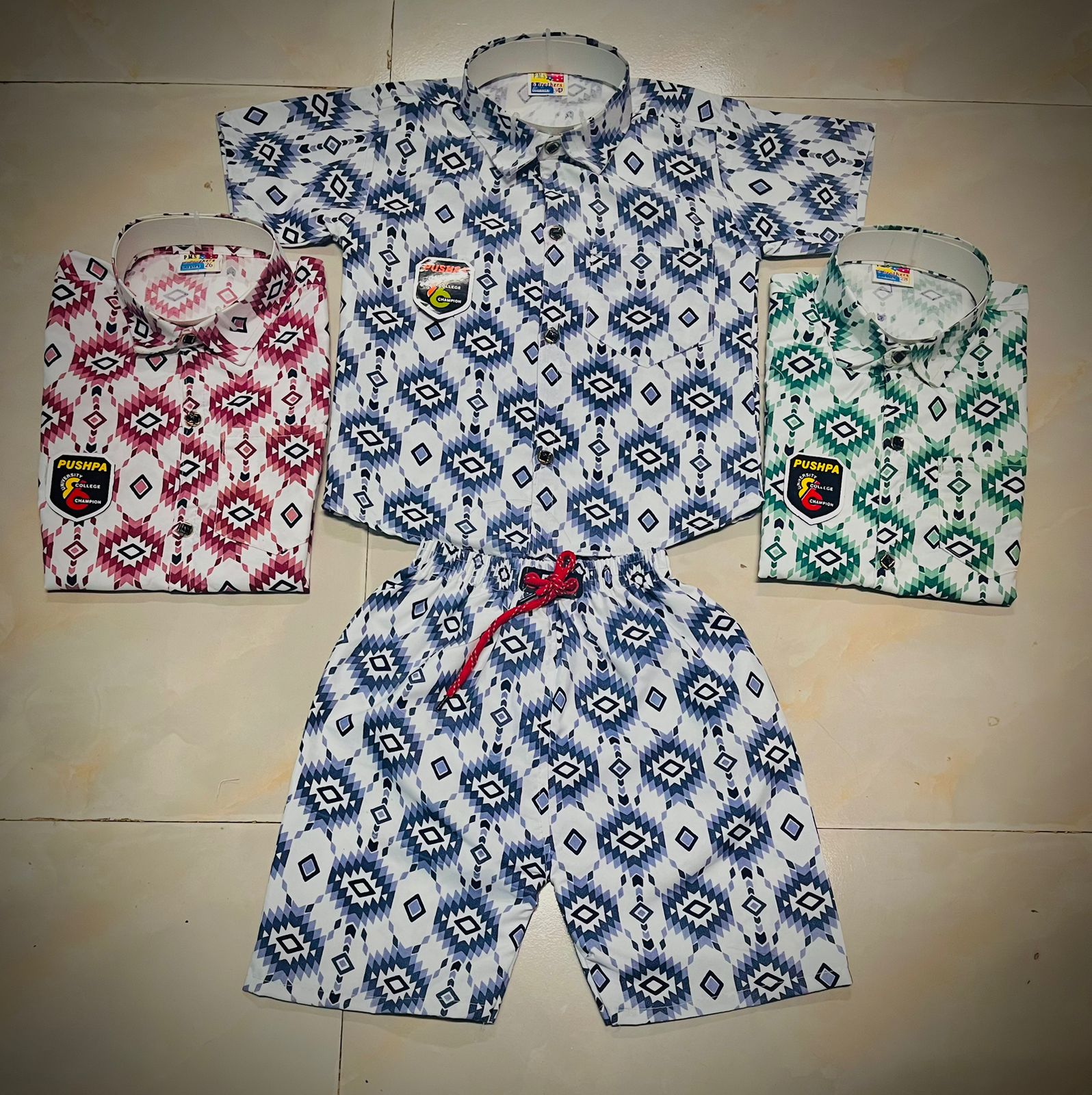 Boys Cotton Ikat Print Half Sleeve Shirt & Shorts Co-ord Set Casual Summer Wear set of 6 pieces